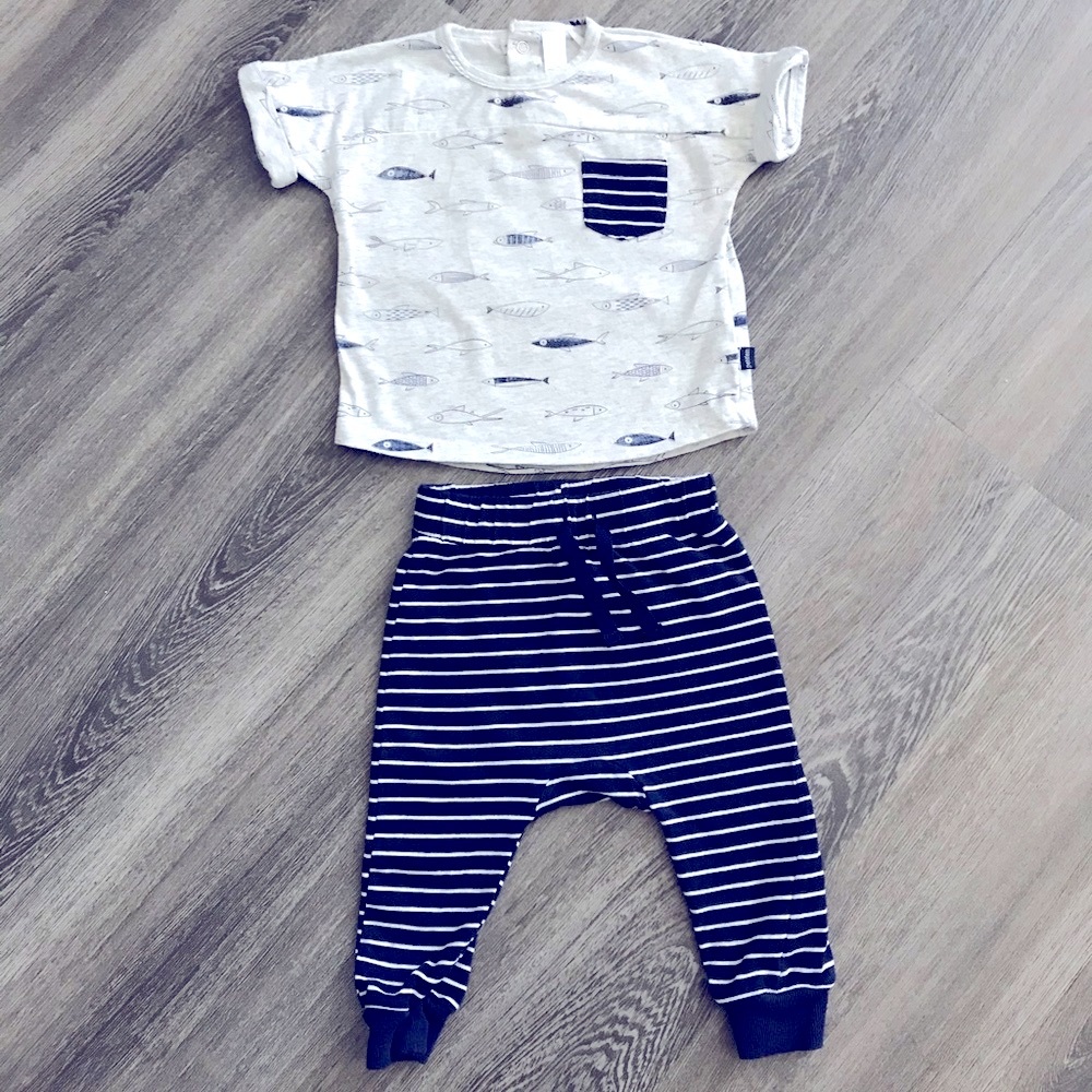 NWOT Petitlem 3 months baby boy pant and top set navy blue and white